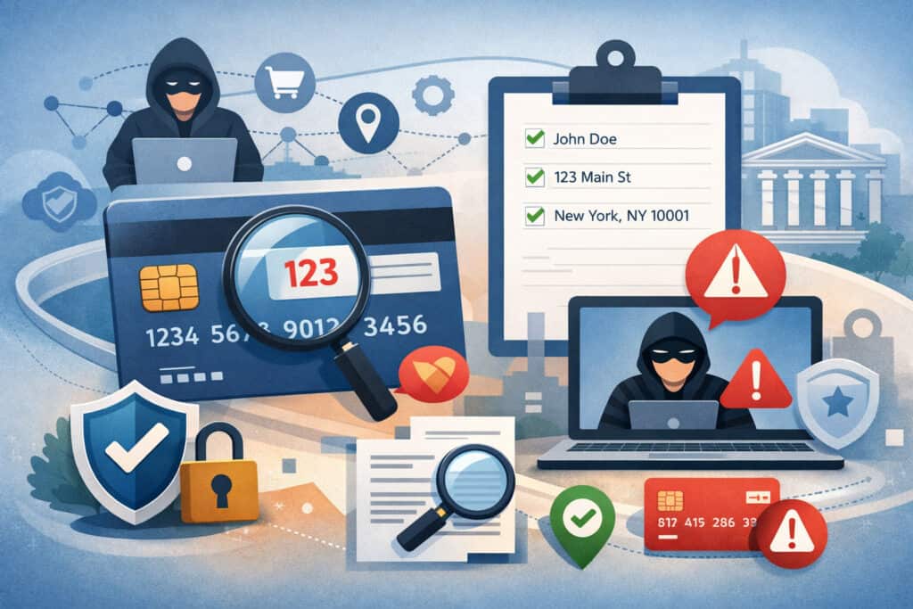 Illustration of credit card security with CVV verification and address verification system checks preventing online payment fraud