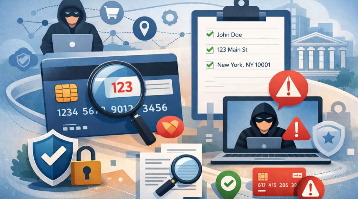 Illustration of credit card security with CVV verification and address verification system checks preventing online payment fraud