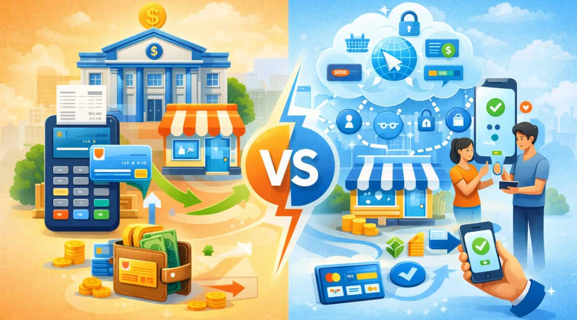Illustration comparing merchant account and payment service provider with bank, storefront, and cloud-based payment processing systems