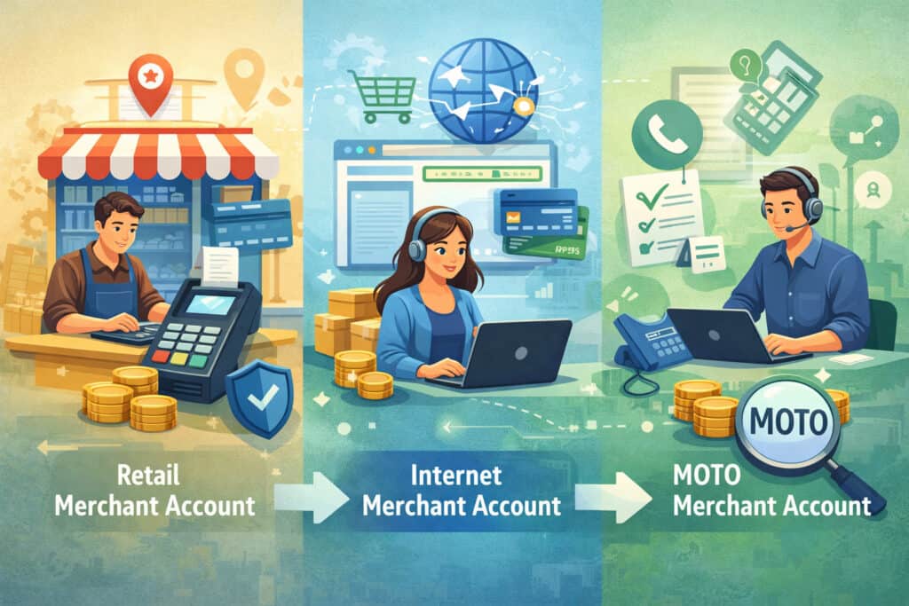 Visual representation of retail, online, and MOTO merchant accounts featuring in-store POS payments, e-commerce transactions, and phone-based payment processing with financial icons and business tools