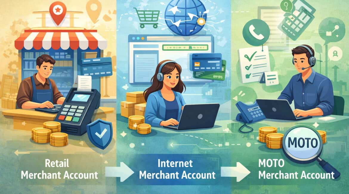 Visual representation of retail, online, and MOTO merchant accounts featuring in-store POS payments, e-commerce transactions, and phone-based payment processing with financial icons and business tools
