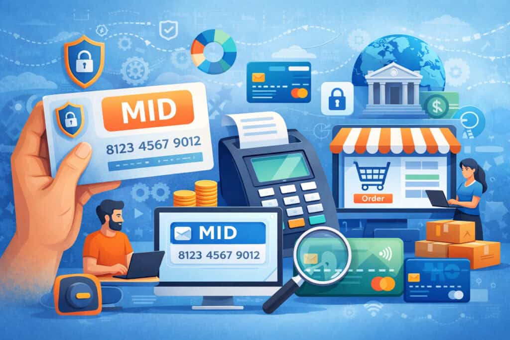 Merchant Identification Number (MID) illustration showing payment processing system, POS terminal, credit cards, online store, and secure transaction icons