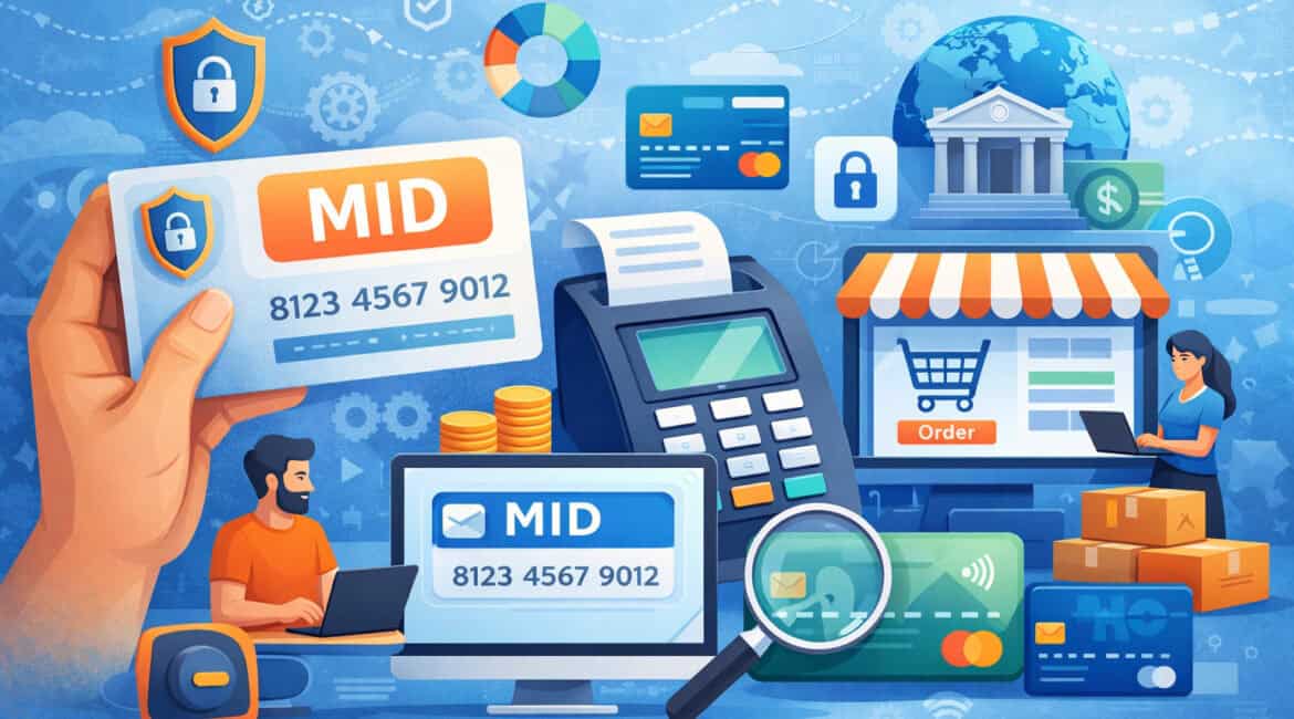 Merchant Identification Number (MID) illustration showing payment processing system, POS terminal, credit cards, online store, and secure transaction icons
