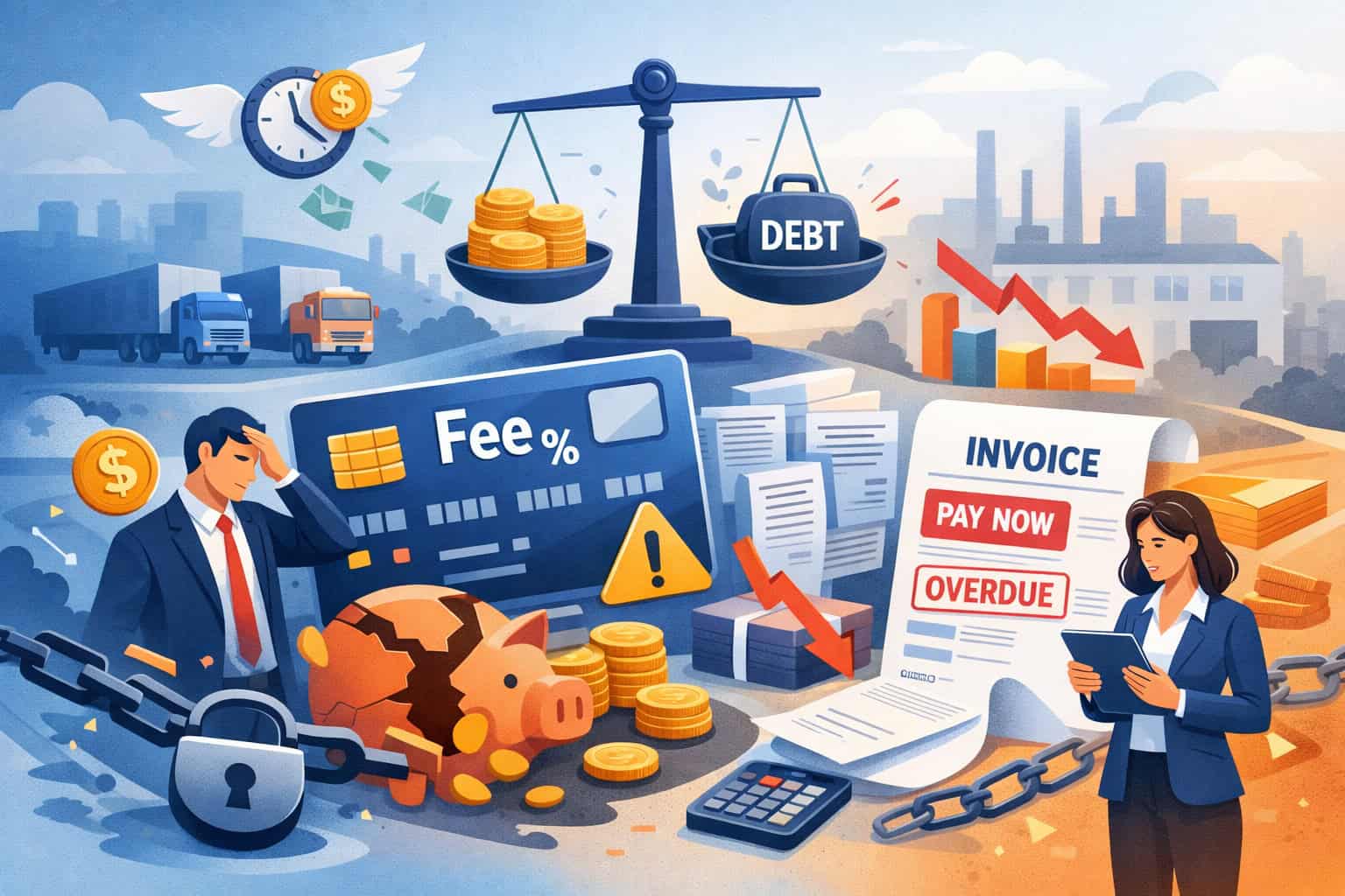 Illustration of businesses struggling with high credit card processing fees, showing financial strain, overdue invoices, and rising B2B payment costs