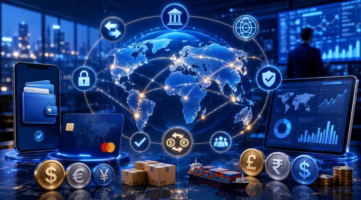 Cross-border payment processing and global money transfer illustration
