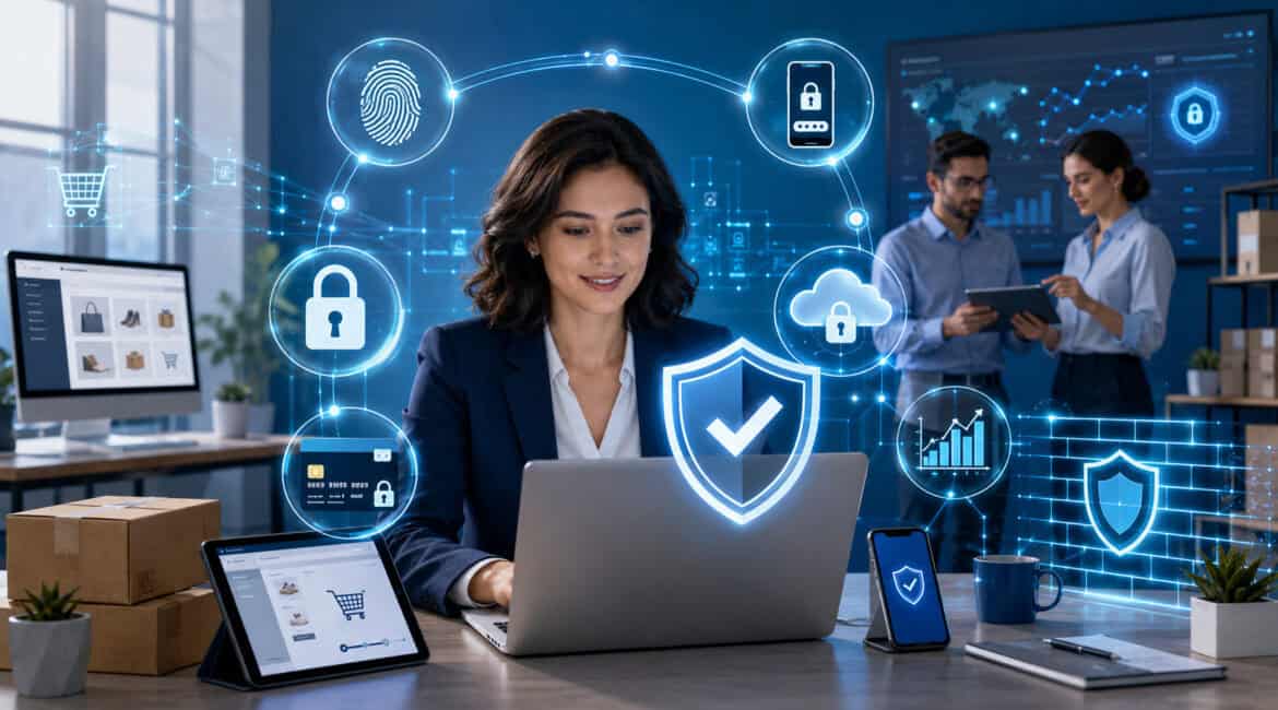 Business owner reviewing secure online payments with shields, locks, biometric verification, and ecommerce security icons