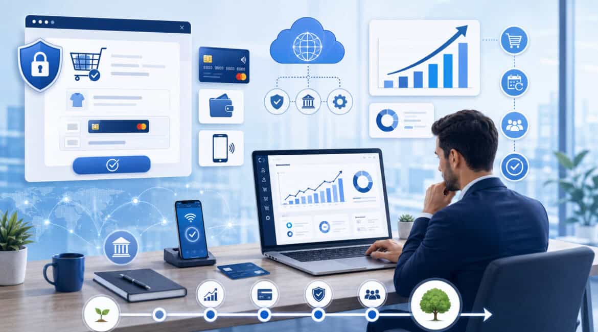 Illustration of long-term digital payment strategy with secure checkout, analytics, mobile payments, and business growth icons