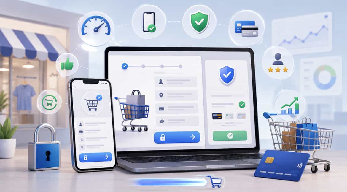Online checkout optimization illustration showing secure payment, mobile checkout, shopping cart, and user-friendly checkout process