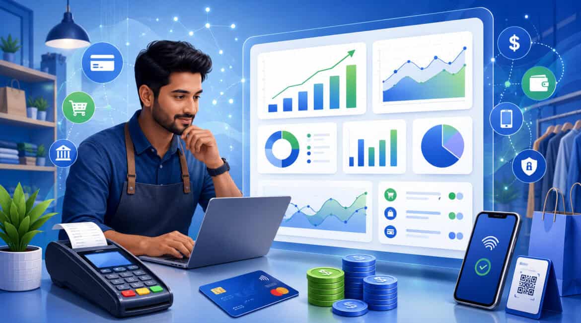 Merchant reviewing payment analytics dashboard with POS terminal, charts, and digital payment insights