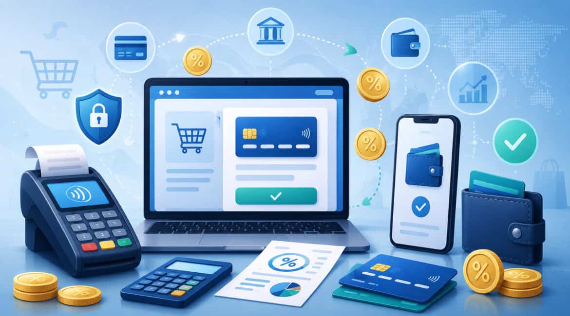 Payment gateway fees explained with online checkout, card payments, coins, calculator, and secure digital transaction icons